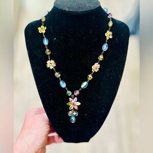 Vintage Boutique Boho Floral Crystal Necklace, Czech Glass & Y-Drop Pendant
